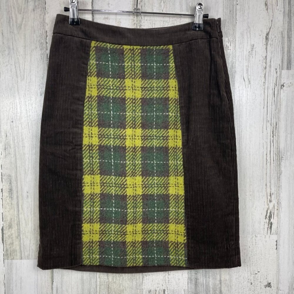 Maeve Anthropologie corduroy mini skirt plaid wool panel brown 2 academia preppy